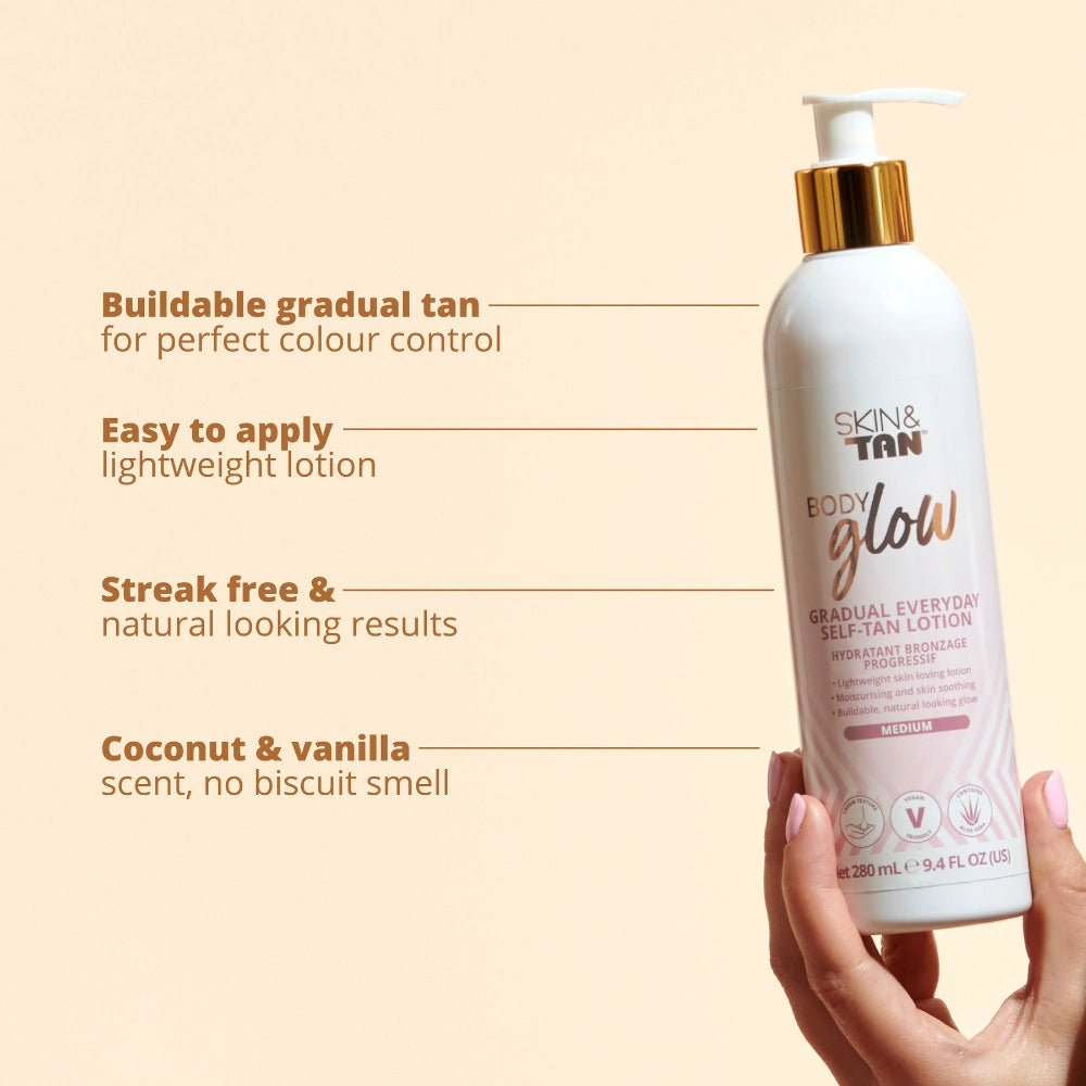 Body Glow Gradual Tanning Lotion USPs:
Buildable gradual tan for perfect colour control
Easy to apply lightweight lotion
Streak free and natural looking results
Coconut and Vanilla scent, no biscuit smell