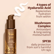 Face Glow Advanced Hydrating SPF & Tan Cream 30ml Ingredients: 4 types of Hyaluronic Acid replenishes hydration from within, Mushroom Complex: Antioxidant and long lasting moisturisation, SPF30: daily protection from Sun's harmful UV rays