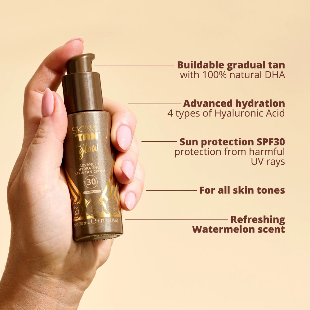 Face Glow Advanced Hydrating SPF & Tan Cream 30ml USPs: Buildable gradual tan with 100% natural DHA, advanced hydration with 4 types of Hyaluronic Acid, SPF30 sun protection from harmful UV rays, suitable for all skin tones, refreshing watermelon scent
