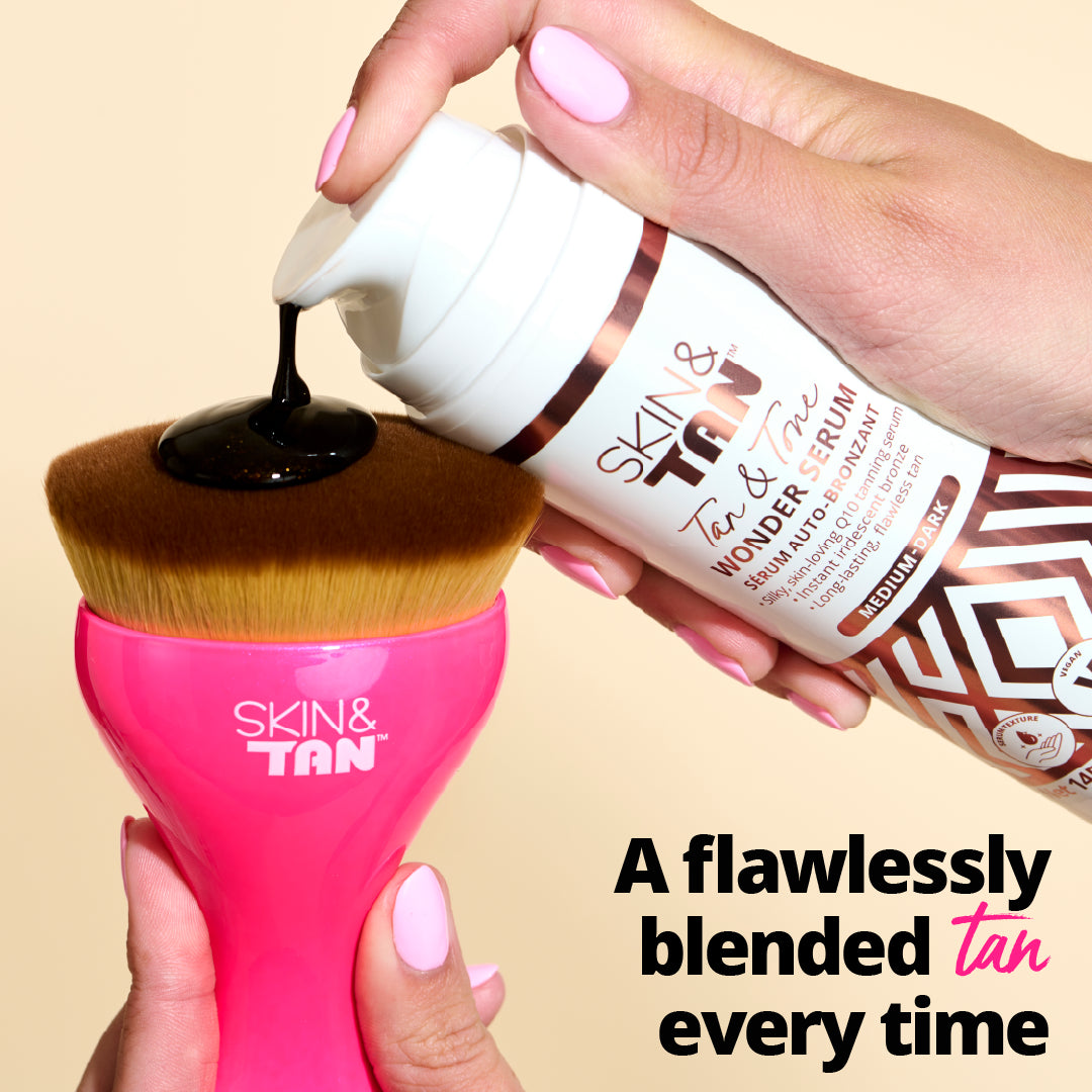Image of the Skin & Tan Pink Gloss Body Buffing Brush and Wonder Serum with writing: A flawlessly blended tan every time