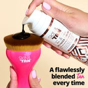 Image of the Skin & Tan Pink Gloss Body Buffing Brush and Wonder Serum with writing: A flawlessly blended tan every time