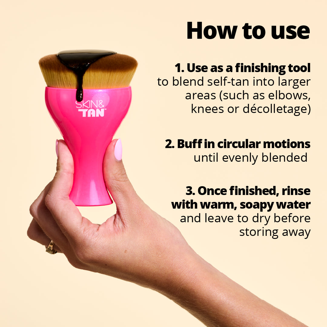 How to use the Pink Gloss Body Buffing Brush: as a finishing tool to blend self-tan into larger areas (such as elbows, knees or décolletage), buff in circular motions until evenly blended, once finished, rinse with warm soapy water and leave to dry before storing away.
