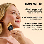 How to use the Miracle Brush: apply a small amount of tan onto face, hands or feet, buff in circular motions until evenly blended, once finished rinse with warm soapy water and leave to dry before storing away.