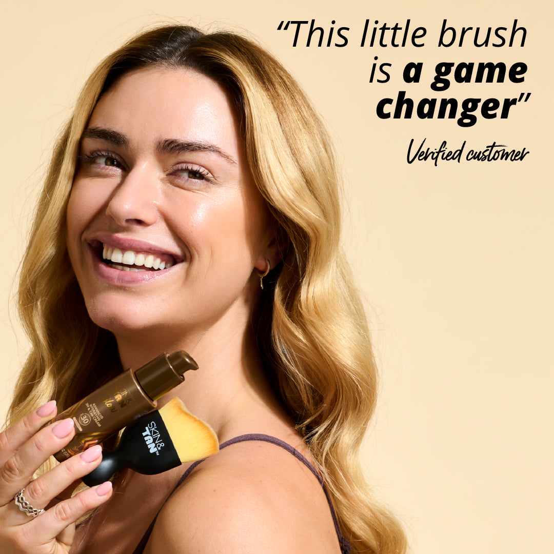 Model holding the Miracle Brush with customer testimonial: "This little brush is a game changer"- verified customer