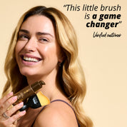 Model holding the Miracle Brush with customer testimonial: "This little brush is a game changer"- verified customer