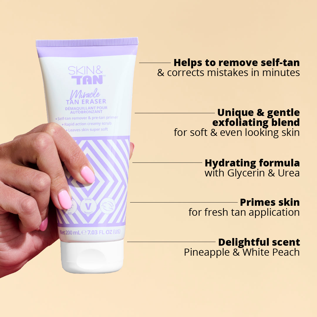 Miracle Tan Eraser helps to remove self-tan and corrects mistakes in minutes, unique and gentle exfoliating blend for soft and even looking skin, hydrating formula with Glycerin and Urea, primes skin for fresh tan application, delightful pineapple and white peach scent