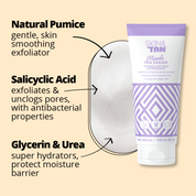 Miracle Tan Eraser ingredients: Natural Pumice; a gentle, skin smoothing exfoliator, Salicylic Acid; exfoliates and unclogs pores with antibacterial properties, Glycerin and Urea; super hydrators, protects moisture barrier