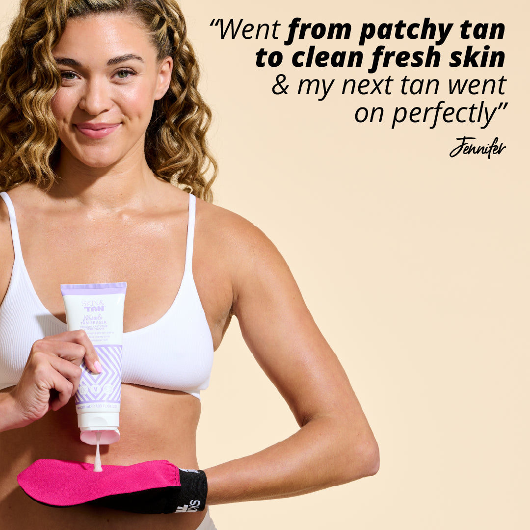 Model holding the Miracle Tan Eraser with customer testimonial: "Went from patchy tan to clean fresh skin & my next tan went on perfectly"- Jennifer