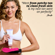 Model holding the Miracle Tan Eraser with customer testimonial: "Went from patchy tan to clean fresh skin & my next tan went on perfectly"- Jennifer
