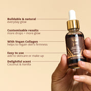 Face Glow Notox Face Tanning Drops USPs: Buildable and natural everyday glow, customisable results, with Vegan Collagen which helps to regain skin's firmness, easy to use just add to skin care or make up, delightful Coconut and Vanilla scent