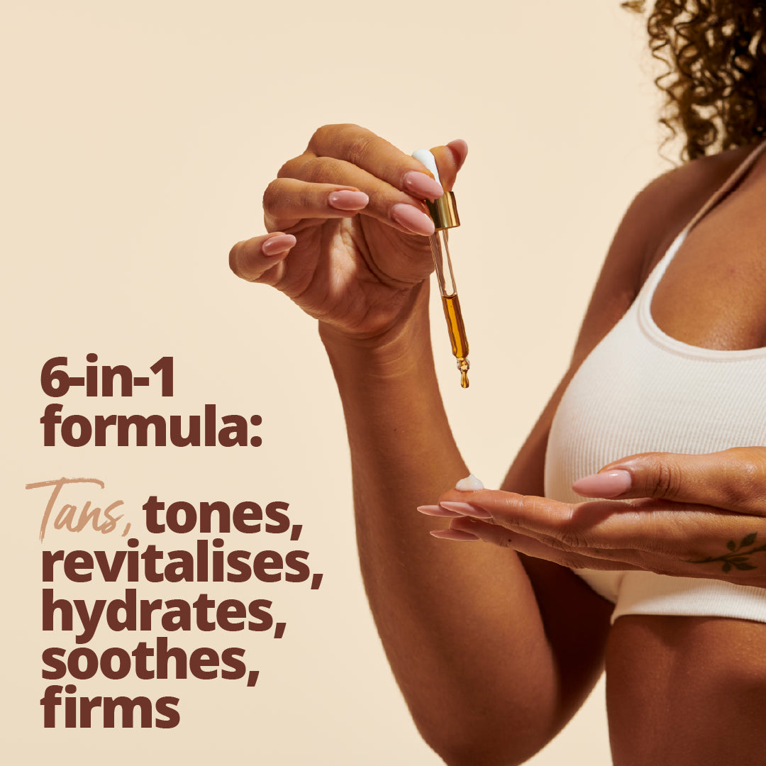 6 in 1 formula: Tans, tones, revitalises, hydrates, soothes, firms
