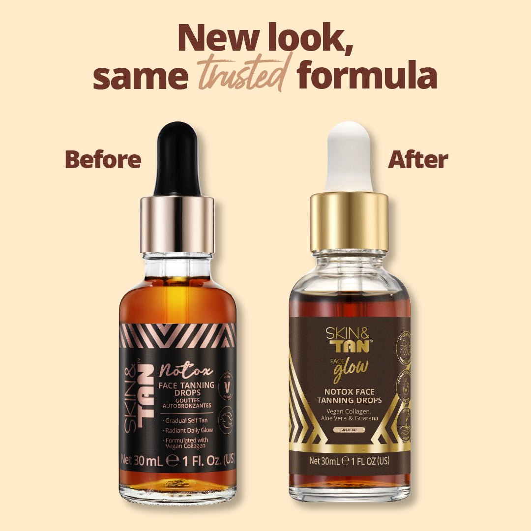 Notox Face Tanning Drops new packaging before and after