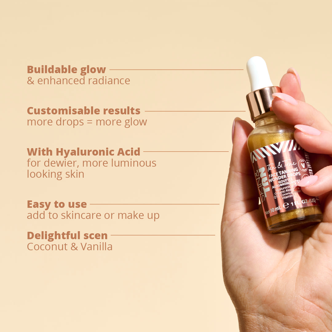 Face Tanning Wonder Drops USPs: Buildable glow and enhanced radiance, customisable results, with Hyaluronic Acid for dewier, more luminous looking skin, easy to use, delightful Coconut and Vanilla scent
