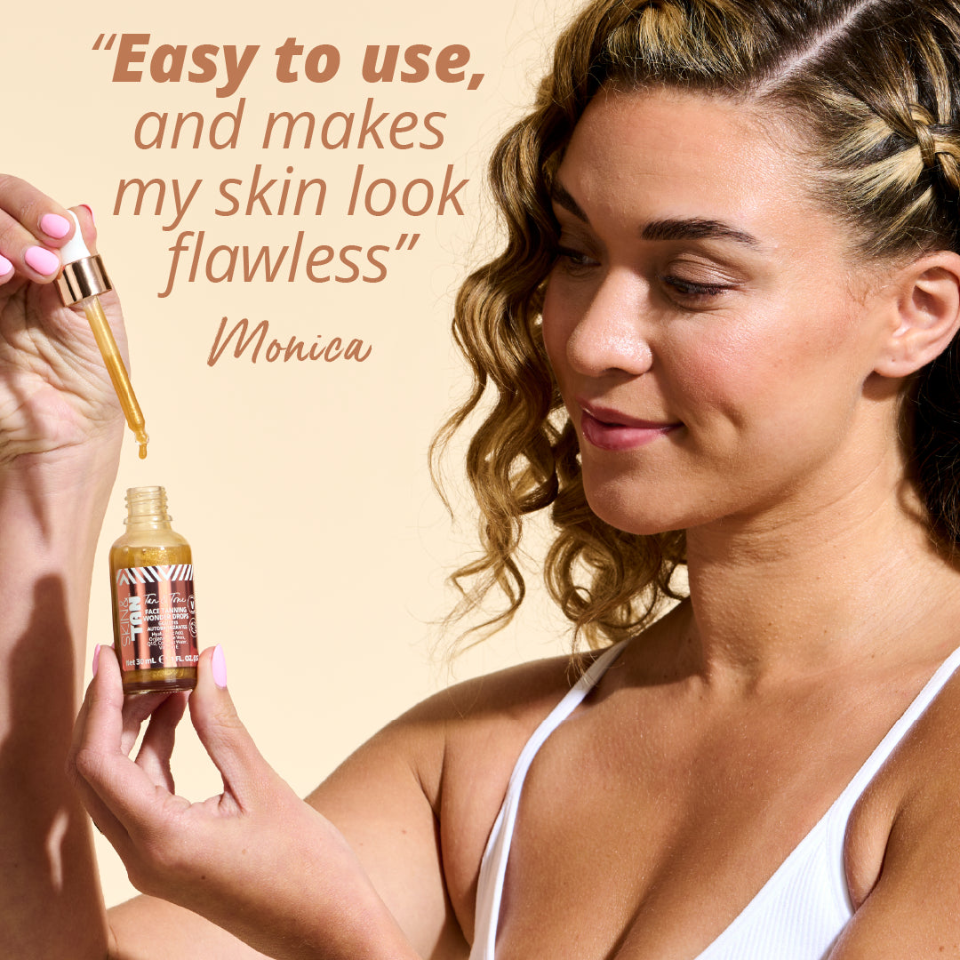 Model using the Wonder Face Tanning Drops with customer testimonial: "Easy to use, and makes my skin look flawless"- Monica