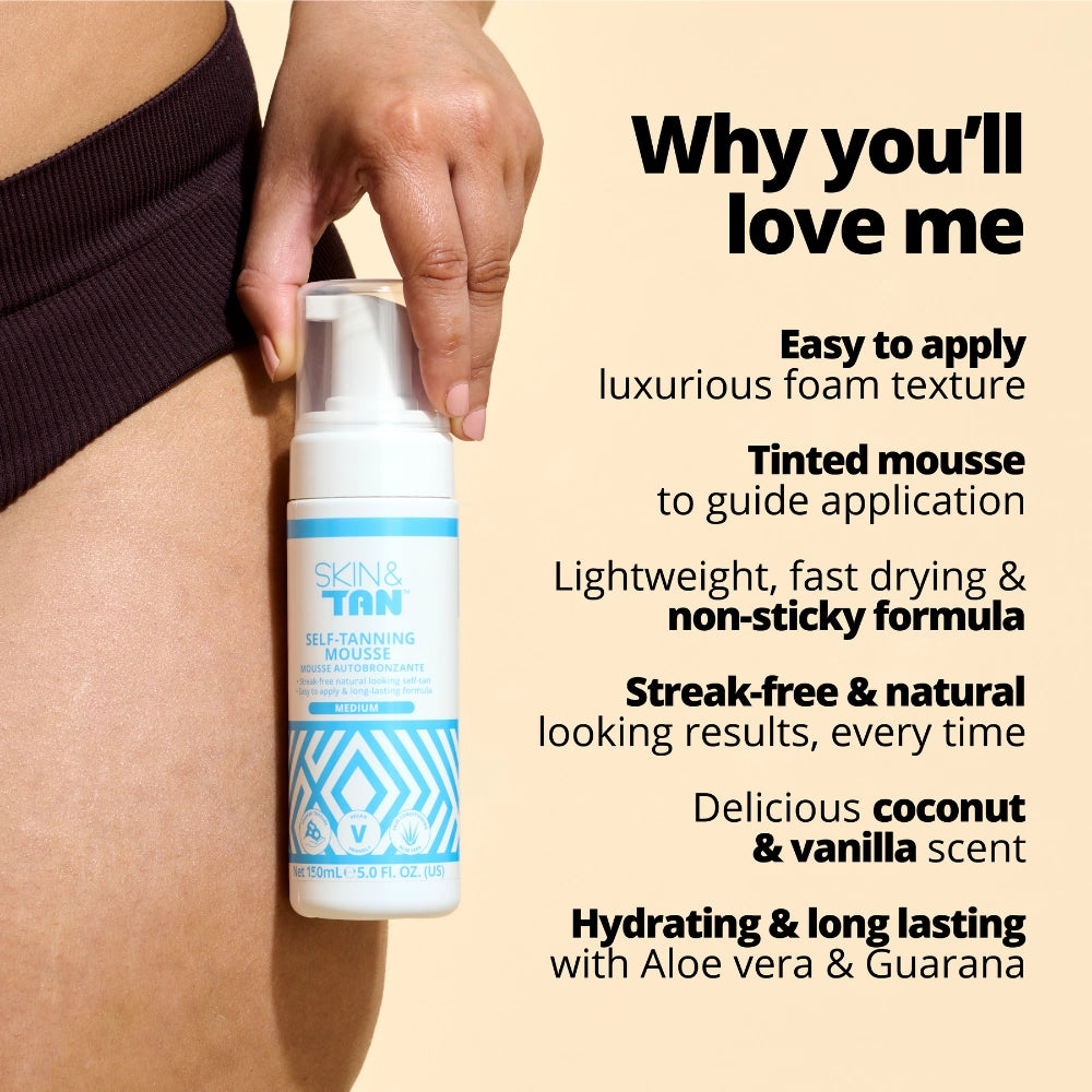 Self Tanning Mousse USPs
Easy to apply 
Luxurious foam texture
Tinted mousse to guide application
Lightweight, fast drying and non-sticky formula
Streak free and natural looking results every time 
Delicious coconut and vanilla scent
Hydrating and long lasting with Aloe Vera and Guarana