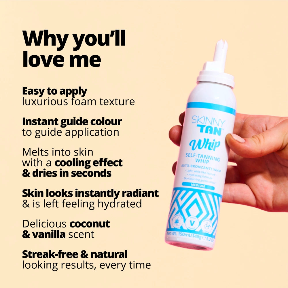 Self-Tanning Whip USPs:
Easy to apply
Luxurious foam texture
Instant guide colour to guide application
Melts into skin with a cooling effect and dries in seconds
Skin looks instantly radiant and is left feeling hydrated
Delicious coconut and vanilla scent
Streak free and natural looking results every time