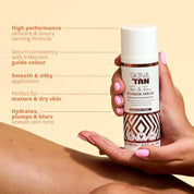 Wonder Serum USPs: High performance skincare and luxury tanning formula, serum consistency with iridescent guide colour, smooth and silky application, perfect for mature and dry skin, hydrates, plumps and blurs uneven skin tone