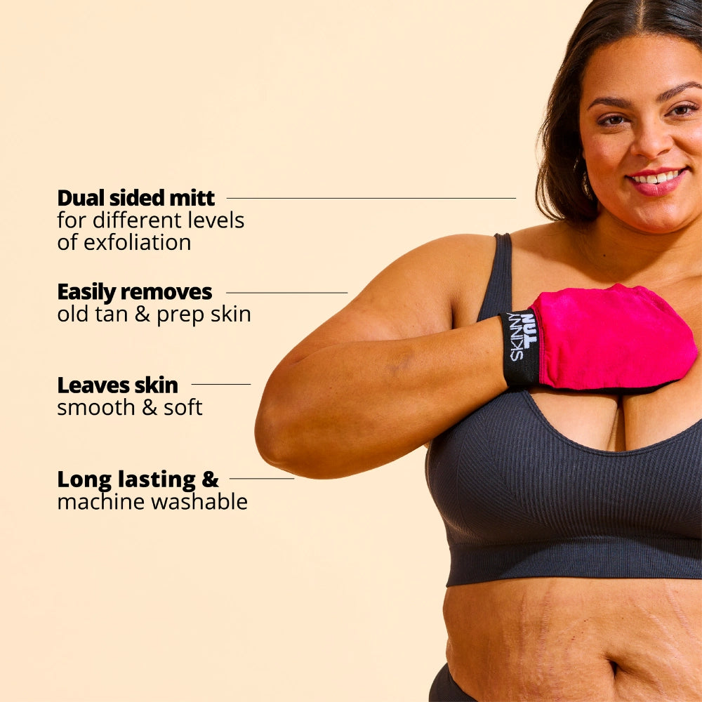 Tan Exfoliating Mitt USPs:Dual sided mitt for different levels of exfoliationEasily removes old tan and preps skinLeaves skin smooth and softLong lasting and machine washable