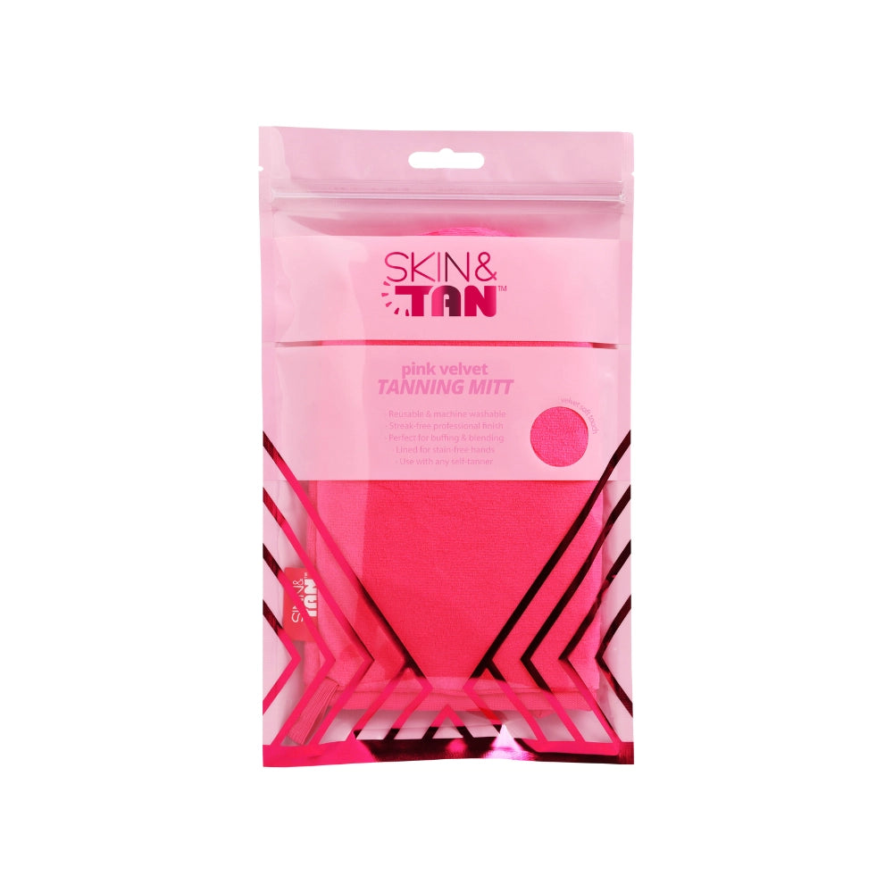 Skin & Tan Pink Velvet Tanning Mitt with packaging pouch