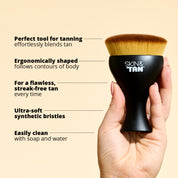 Body Buffing Brush USPs: perfect tool for tanning as it effortlessly blends tan for a flawless streak-free tan every time, ergonomically shaped to follow the contours of the body, ultra soft synthetic bristles, easy to clean with soap and water