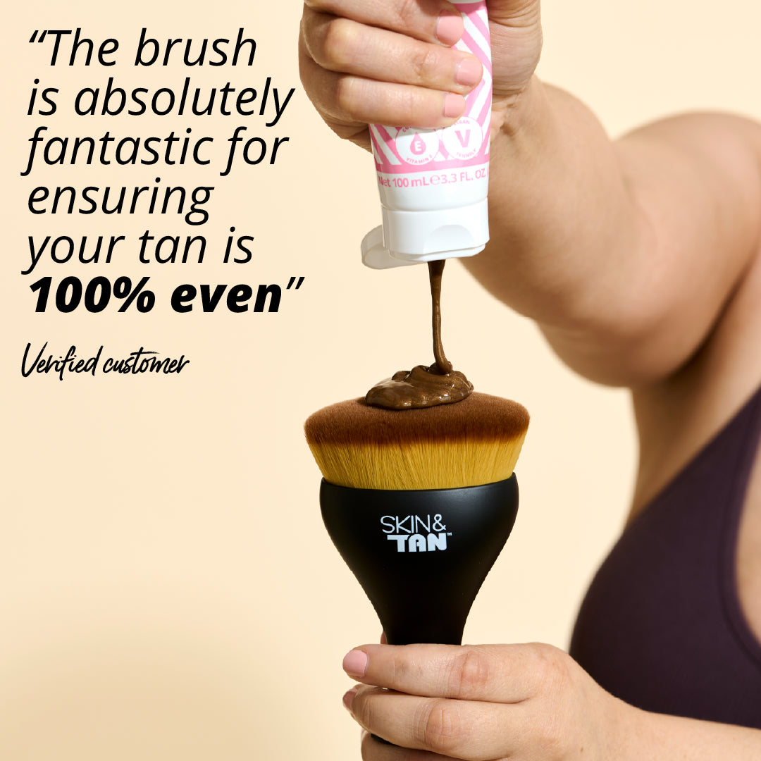 Model using Body Buffing Brush with customer testimonial: "The brush is absolutely fantastic for ensuring your tan is 100% even"- Verified customer