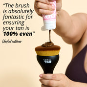 Model using Body Buffing Brush with customer testimonial: "The brush is absolutely fantastic for ensuring your tan is 100% even"- Verified customer