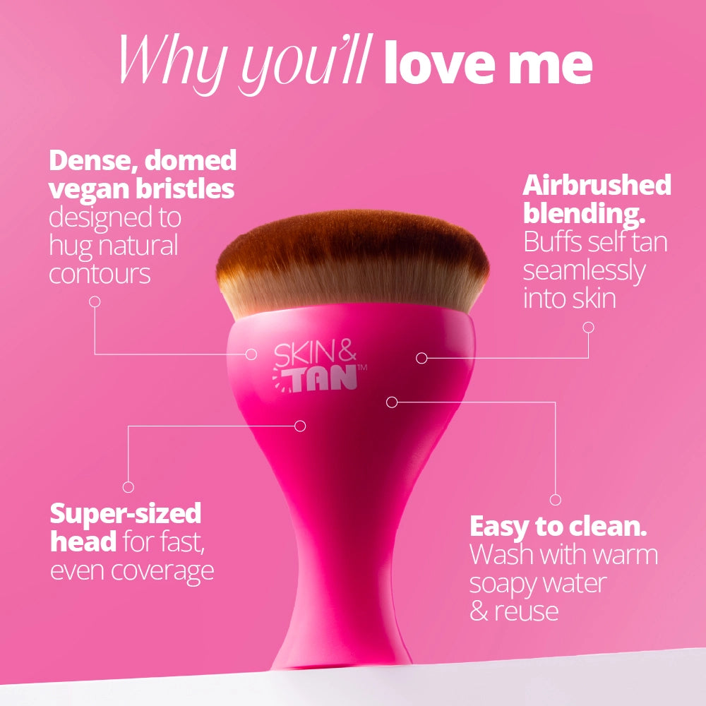 Why you'll love the Body Buffing Wonder Brush: dense, domed vegan bristles designed to hug natural contours, airbrushed blending- buff self tan seamlessly into skin, super-sized head for fast, even coverage, easy to clean- wash with warm soapy water and reuse. 