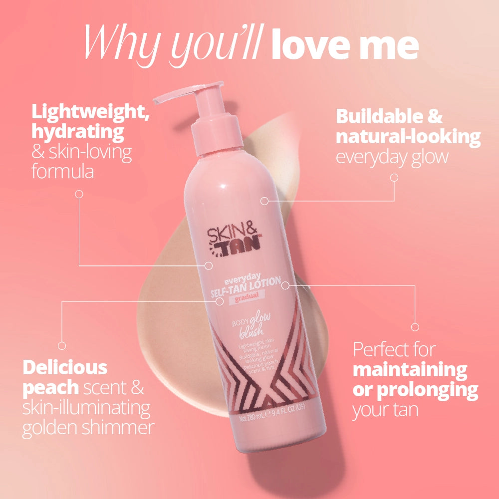 Why you'll love Body Glow Blush: Lightweight hydrating and skin loving formula, buildable and natural looking everyday glow, delicious peach scent and skin illuminating golden shimmer, perfect for maintaining or prolonging your tan 