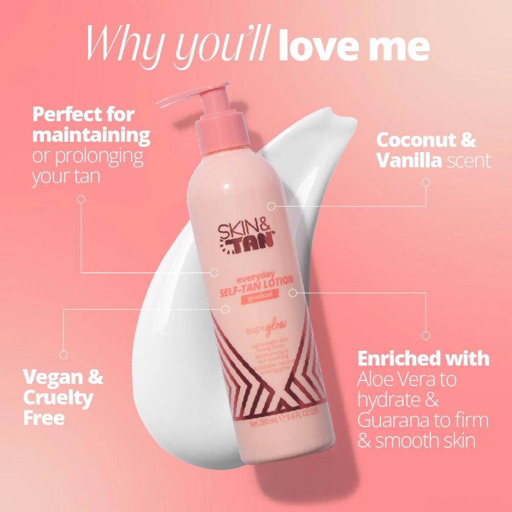 Why you'll love Body Glow: Perfect for maintaining or prolonging your tan, coconut and vanilla scent, vegan and cruelty free, enriched with Aloe Vera to hydrate and Guarana to firm and smooth skin