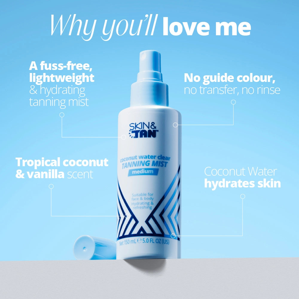 Why you'll love the Coconut Water Clear Tanning Mist: a fuss free lightweight, hydrating tanning mist, no guide colour, no transfer, no rinse, tropical coconut and vanilla scent, contains coconut water that hydrates skin