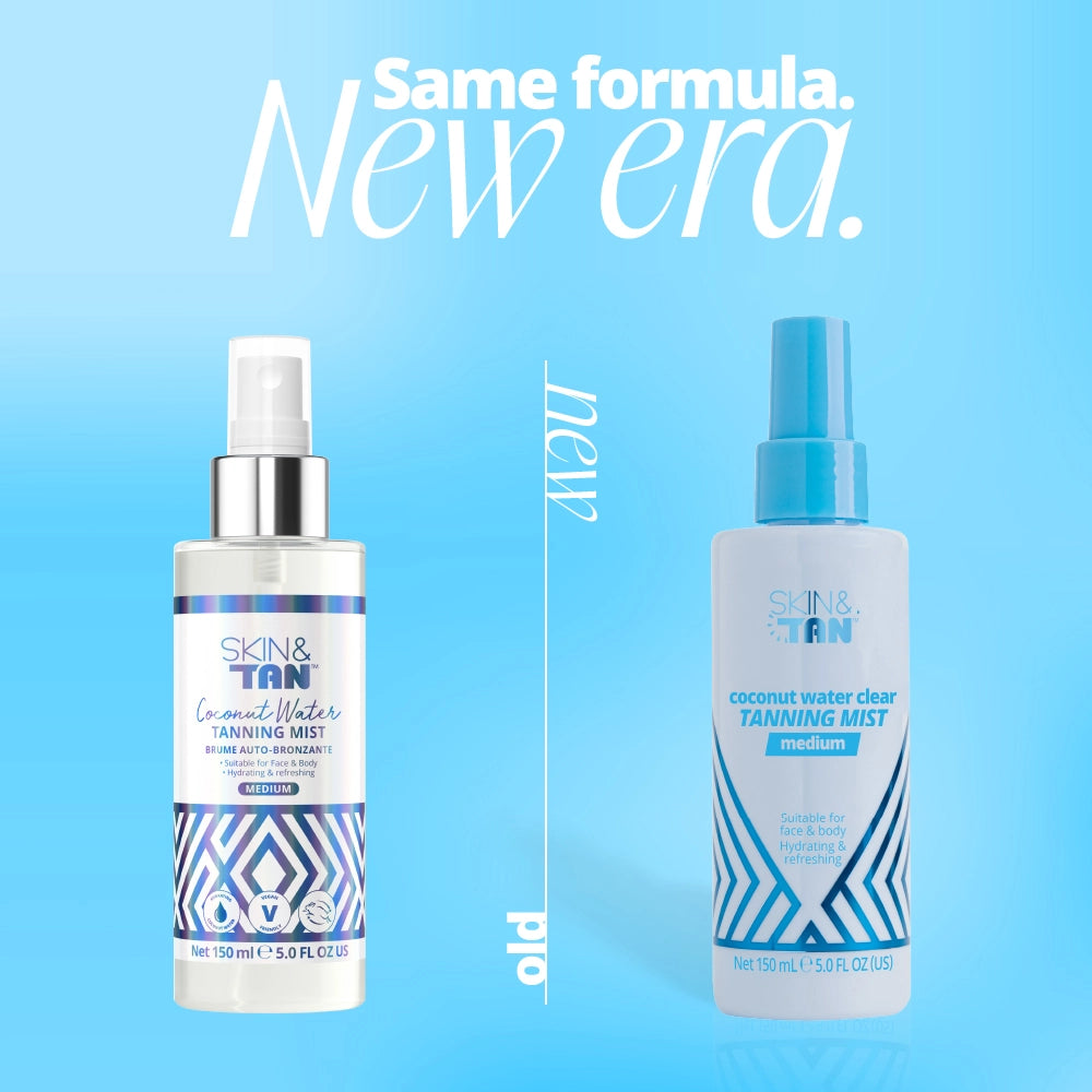 New vs. old packaging  of Coconut Water Clear Tanning Mist 