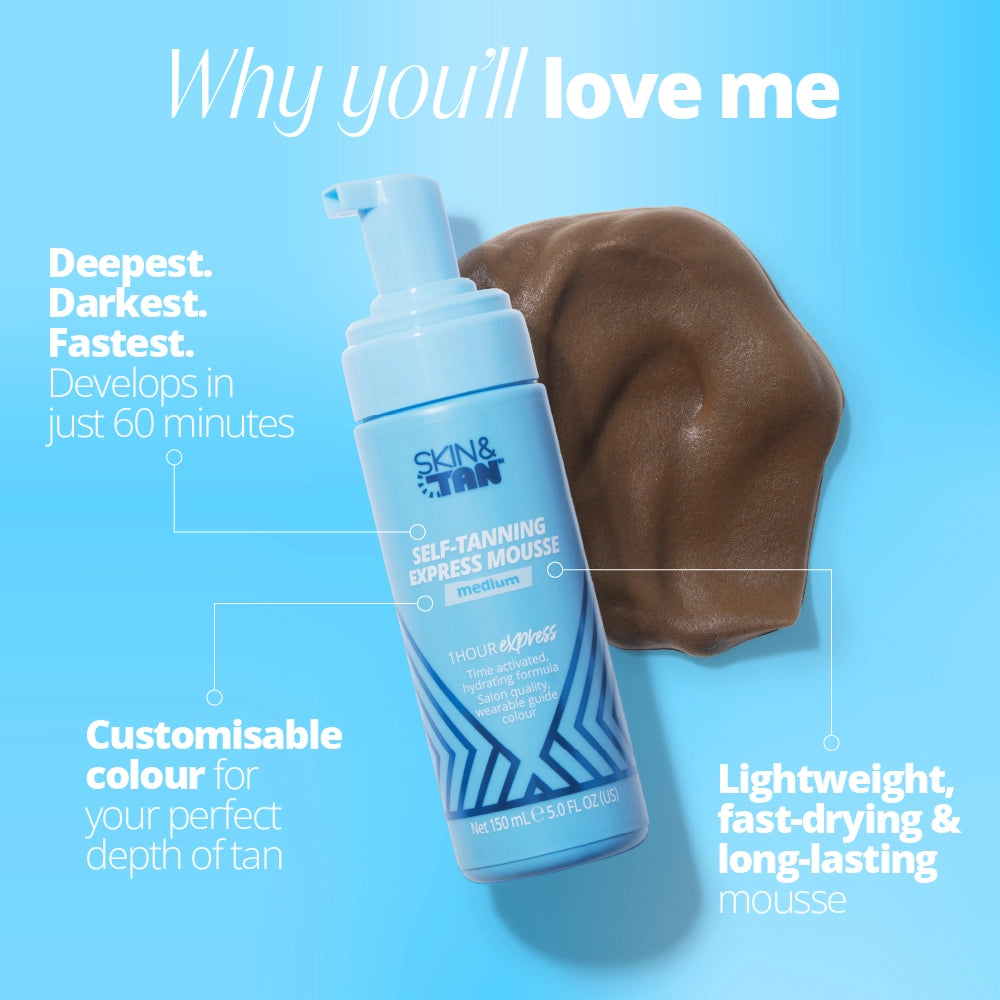 Why you'll love the 1 Hour Express Mousse: develops in just 60 minutes, customisable colour for your perfect depth of tan, lightweight, fast drying and long lasting mousse