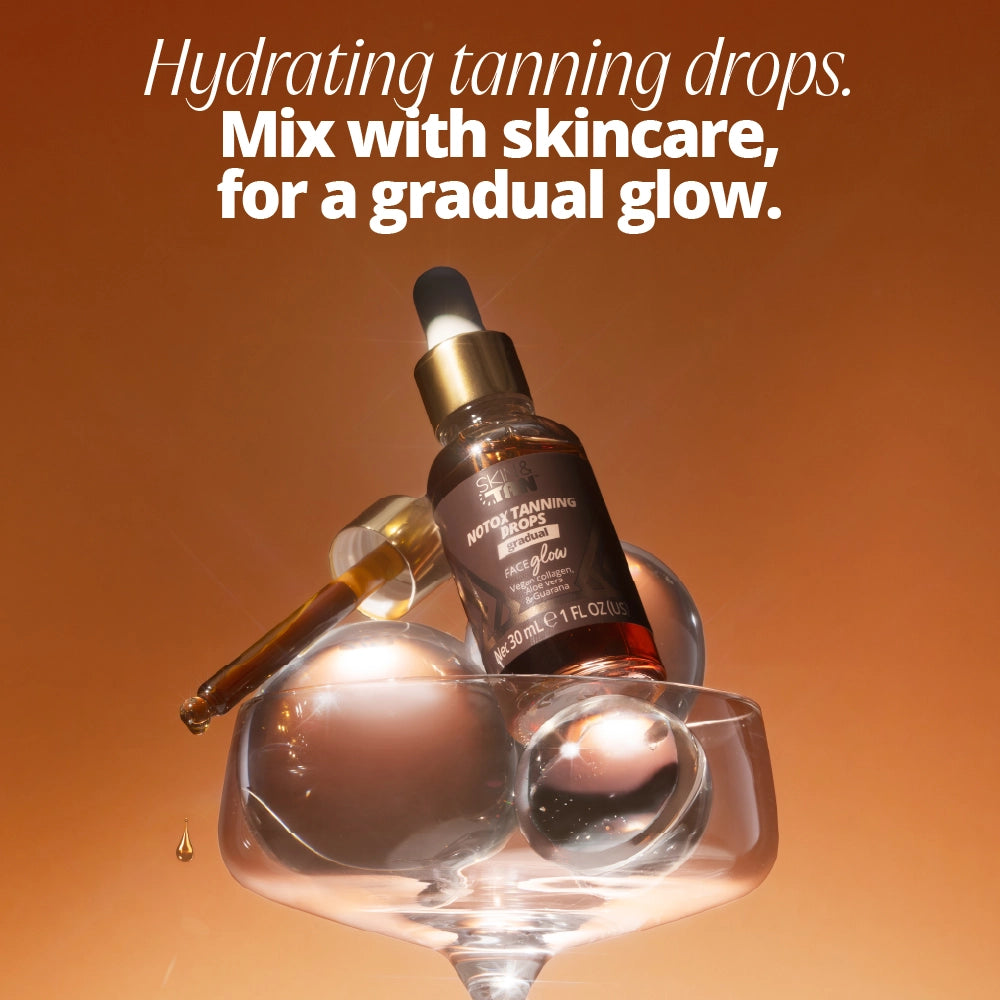 Hydrating tanning drops. Mix with skincare for a gradual glow. 