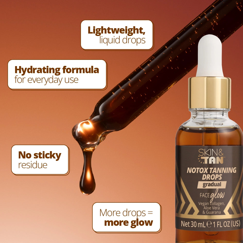 Face Glow Notox Tanning Drops USPs: lightweight liquid drops, hydrating formula for everyday use, no sticky residue, more drops = more glow