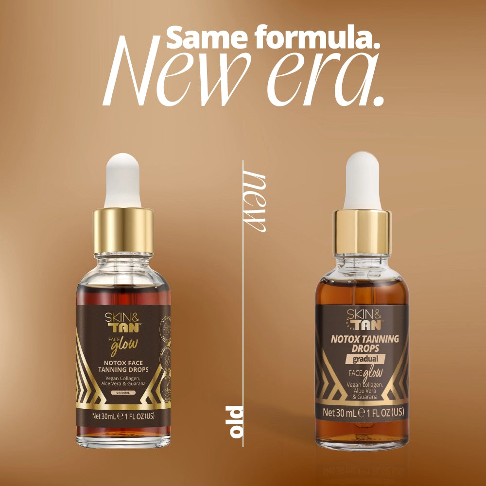 Face Glow Notox Tanning Drops old vs new packaging transition 