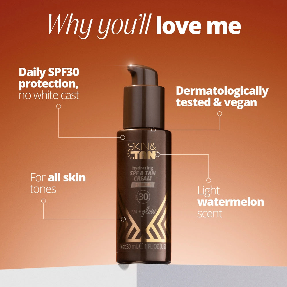 Why you'll love the Face Glow Advanced Hydrating SPF & Tan Cream: daily SPF30 protection with no white cast, dermatologically tested and vegan, for all skin tones, light watermelon scent