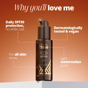 Why you'll love the Face Glow Advanced Hydrating SPF & Tan Cream: daily SPF30 protection with no white cast, dermatologically tested and vegan, for all skin tones, light watermelon scent