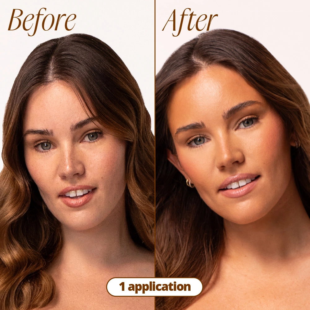 Before and after results of Face Glow Deep Hydration Sleepover Tan Mask