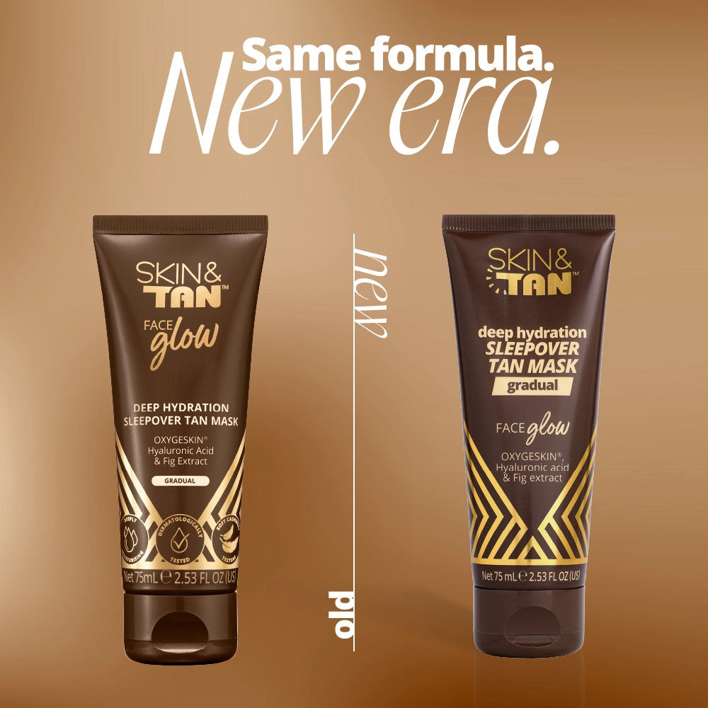 Face Glow Deep Hydration Sleepover Tan Mask new vs old packaging transition 
