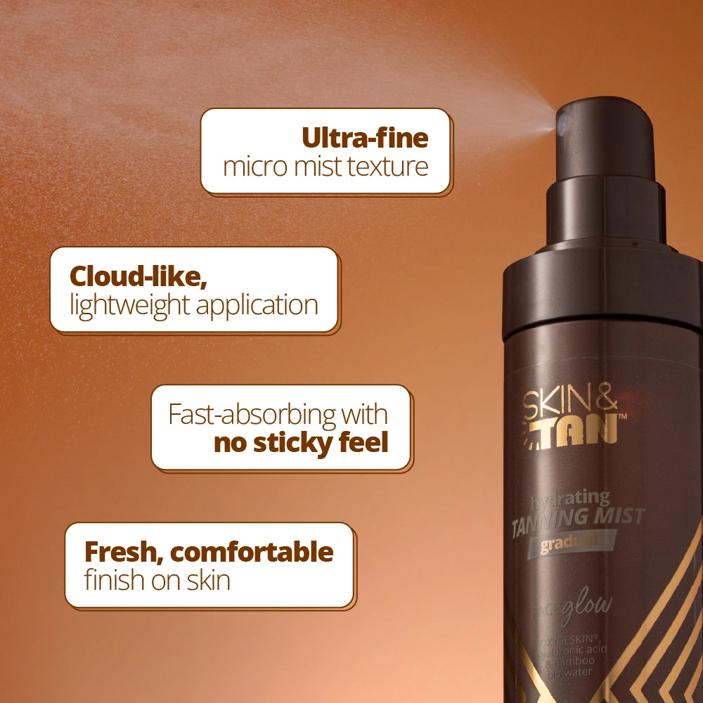 Face Glow Tanning Mist USPs: Ultra fine micro mist texture, cloud like lightweight application, fast absorbing with no sticky feel, fresh comfortable finish on skin