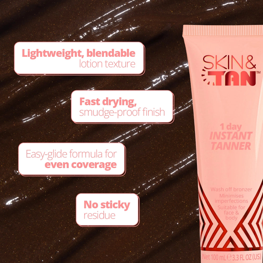 1 Day Instant Tanner USPs: Lightweight, blendable lotion texture, fast drying smudge proof finish, easy glide formula for even coverage, no sticky residue 
