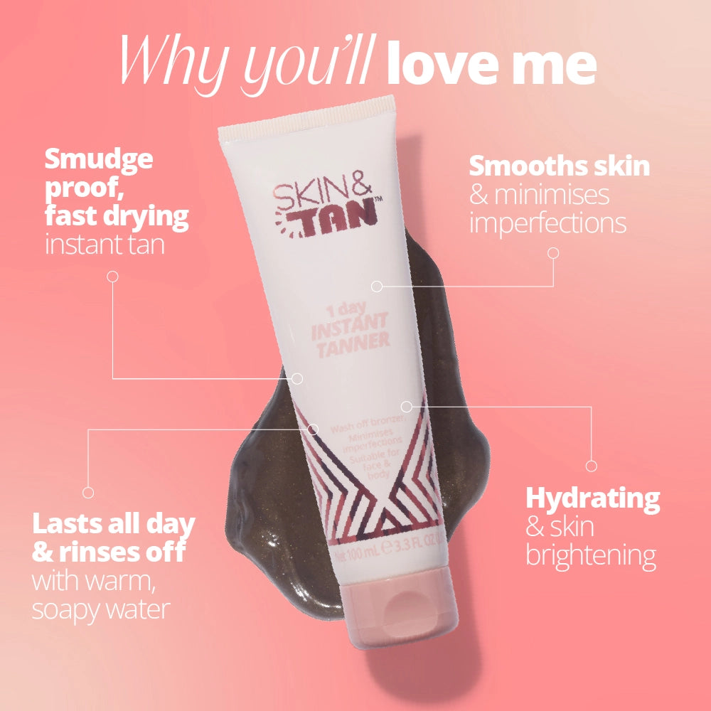 Why you'll love the 1 Day Instant Tanner: smudge proof fast drying instant tan, smooths skin and minimises imperfections, hydrating and skin brightening, lasts all day and rinses off with warm soapy water.