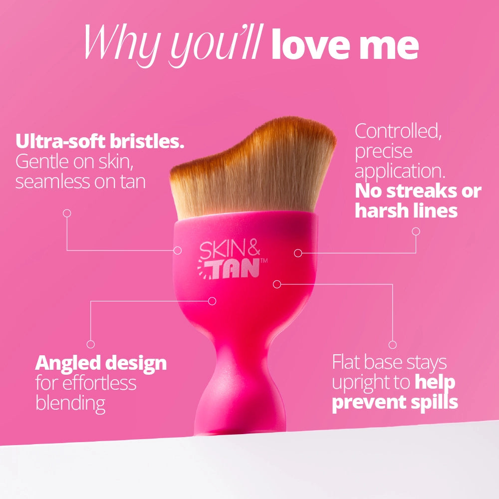 Why you'll love the Miracle Tanning Brush Pink: Ultra soft bristles- gentle on skin, controlled precise application- no streaks or harsh lines, angled design for effortless blending, flat base stays upright to help prevent spills