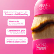 Miracle Tanning Brush USPs: glides smoothly across skin for controlled blending, ultra-soft synthetic bristles, comfortable grip for easy handling, angled brush head for precise application