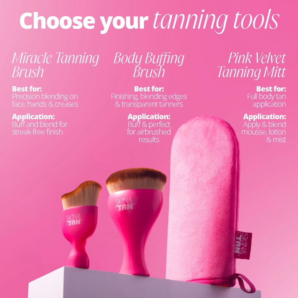 Choose between our tanning tools: comparison between our Miracle Brush, Body Buffing Brush and Tanning Mitt