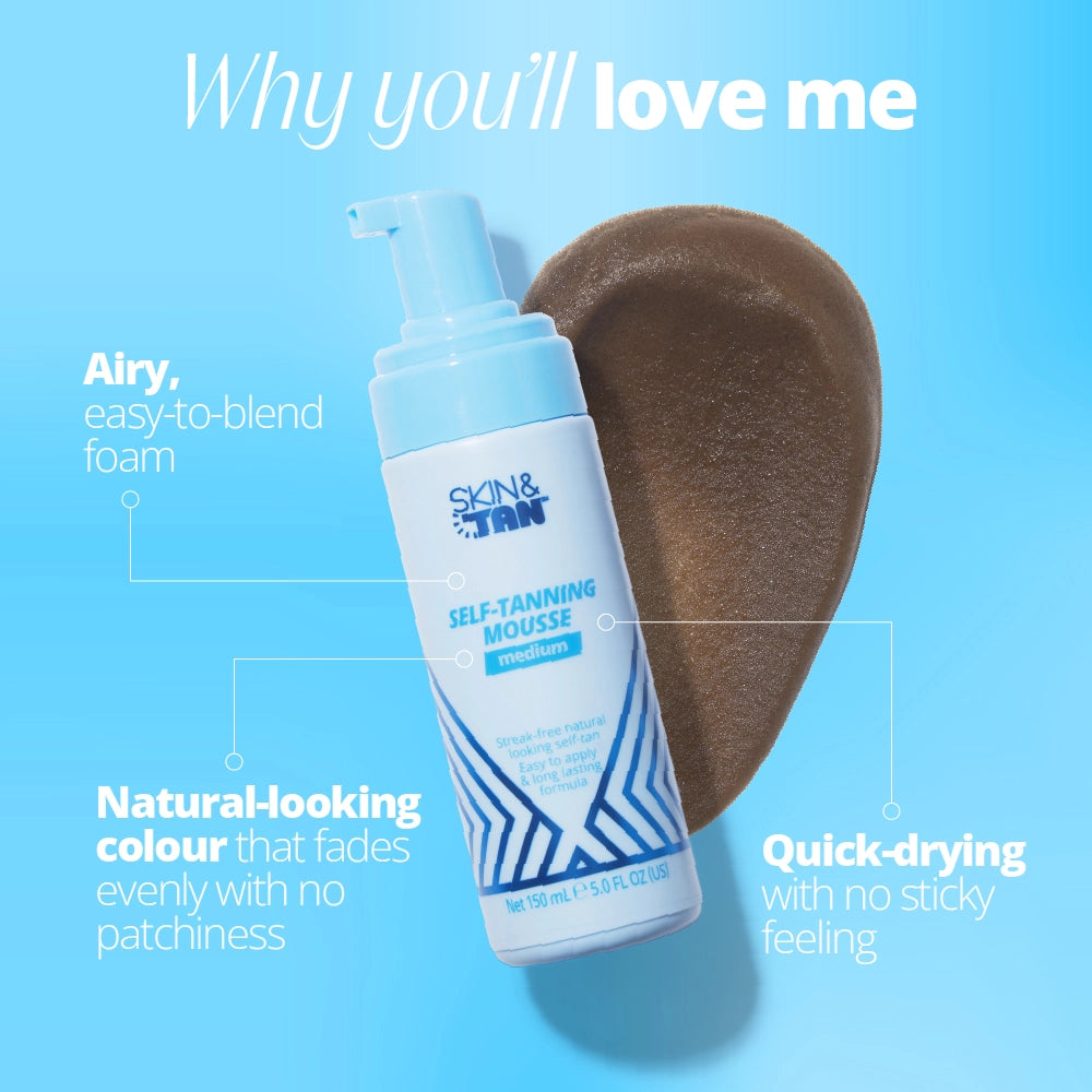 Why you'll love the Self-Tanning Mousse Medium: airy easy to blend foam, natural looking colour that fades evenly with no patchiness, quick drying with no sticky feeling