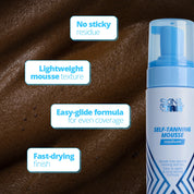 Self-Tanning Mousse Medium USPs: no sticky residue, lightweight mousse texture, easy glide formula for even coverage, fast drying finish