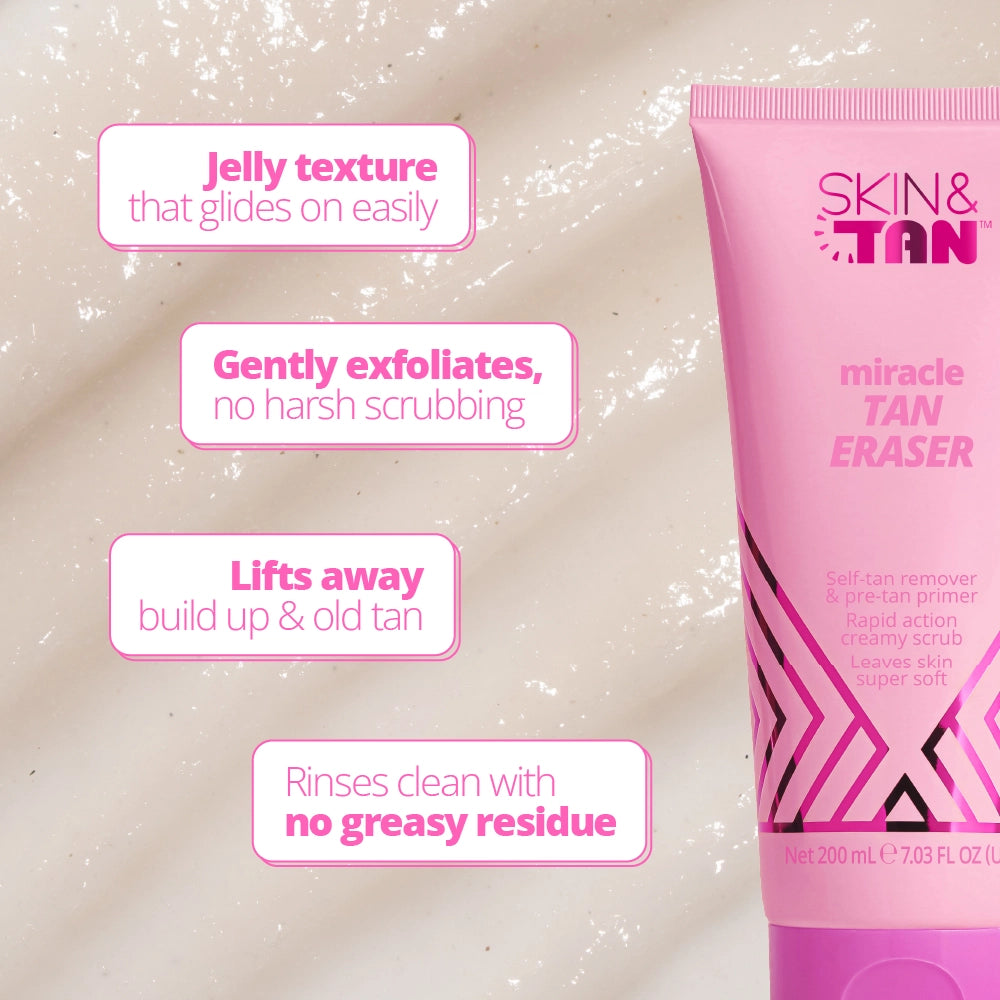 Jelly texture glides on easily, gently exfoliates with no harsh scrubbing, lifts away build up and old tan, rinses clean with no greasy residue