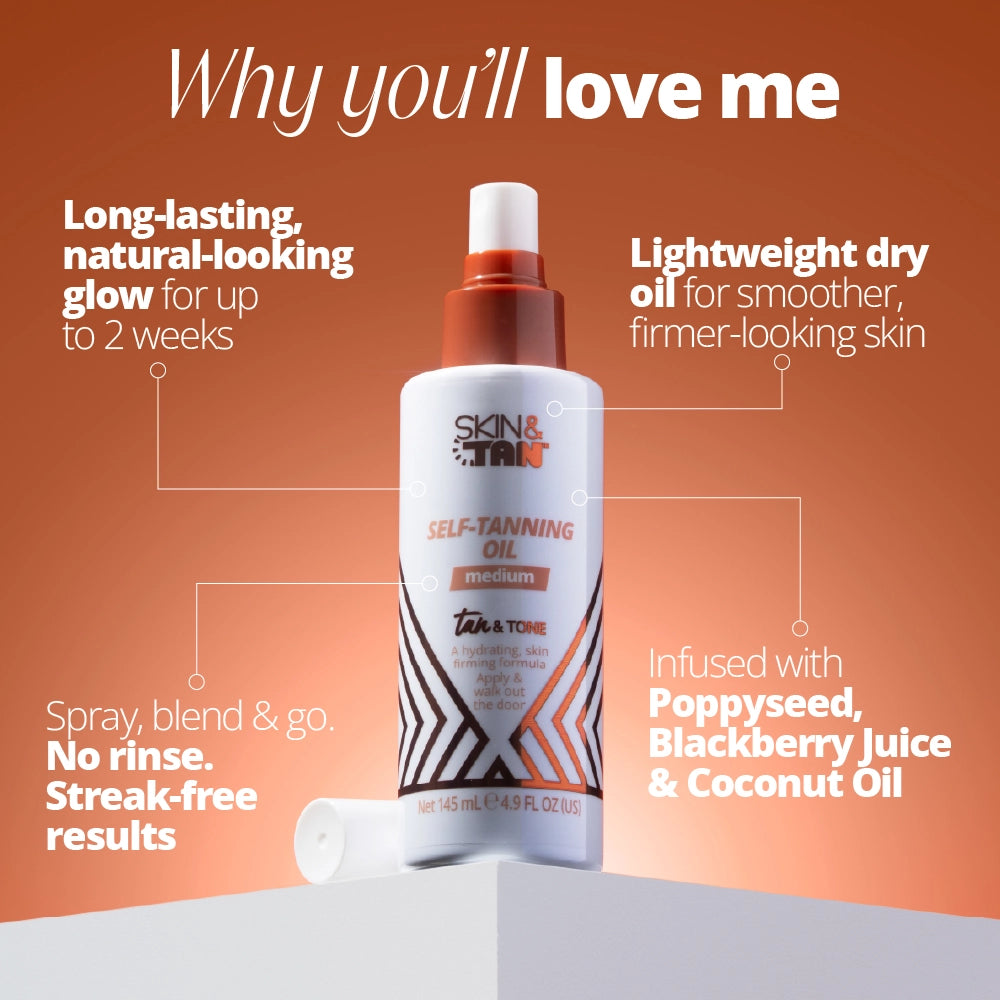 Why you'll love the Tan & Tone Oil: Long lasting natural looking glow for up to 2 weeks, lightweight dry oil for smoother, firmer looking skin, spray, blend and go. No rinse, streak free results. Infused with Poppyseed, Blackberry juice and Coconut oil