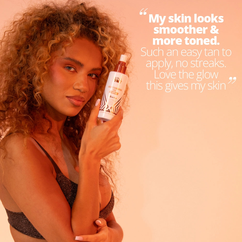"My skin looks smoother and more toned. Such an easy tan to apply, no streaks. Love the glow this gives my skin"